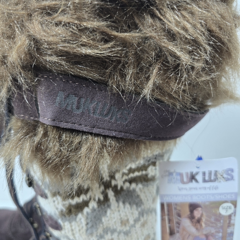 Muk Luks Faux Sherpa Knit Winter Boots Brown Waterproof Sz 7 NWT - Picture 3 of 9